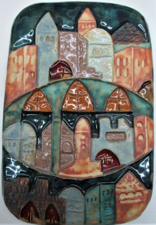 Handmade glazed Ceramic tile Jerusalem houses with its different types of buildings. Dimension 17.5 cm X 26.3 cm approximately.