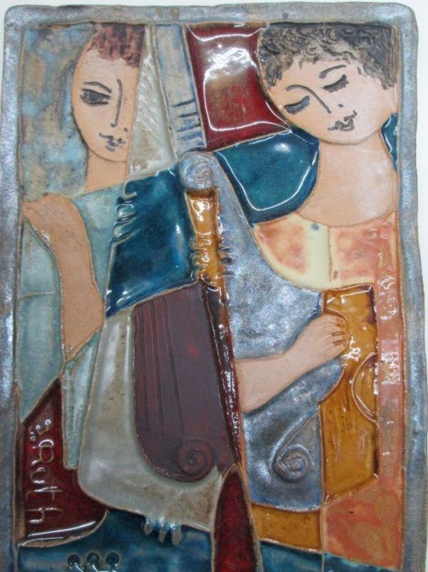 Handmade Ruth Factor ceramic tile, King David holding his harp & Jonathan holding violin. Dimension 20 cm X 18 cm approximately.