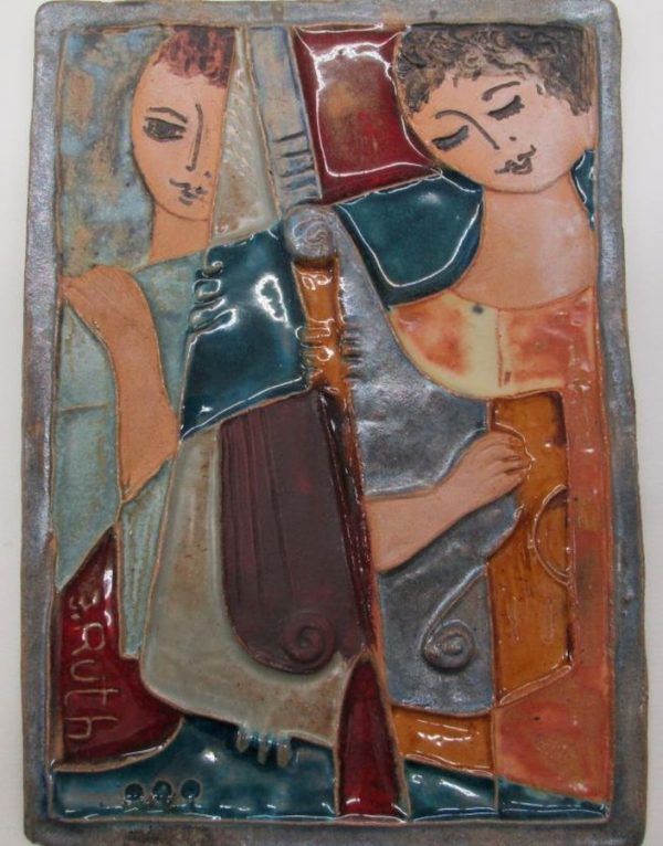 Handmade Ruth Factor ceramic tile, King David holding his harp & Jonathan holding violin. Dimension 20 cm X 18 cm approximately.