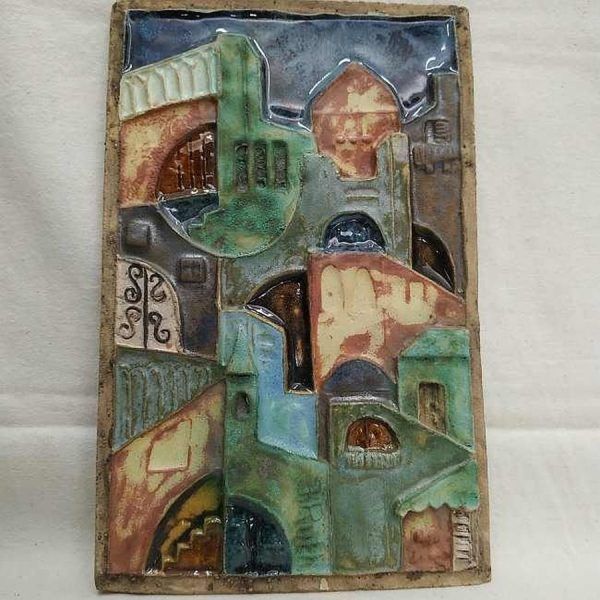 Handmade glazed ceramic rectangular Ruth Jerusalem houses tile city of Jerusalem .Dimension 15.8 cm X 25 cm approximately.