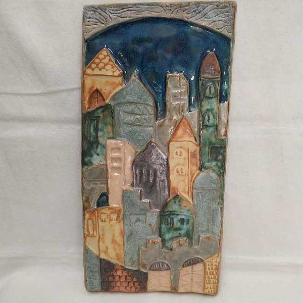Handmade glazed ceramic rectangular Factor Ruth tile Jerusalem sites in the  city of Jerusalem with the Kotel & the golden gate.