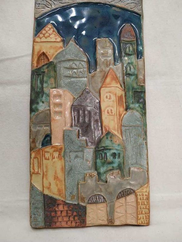 Handmade glazed ceramic rectangular Factor Ruth tile Jerusalem sites in the  city of Jerusalem with the Kotel & the golden gate.