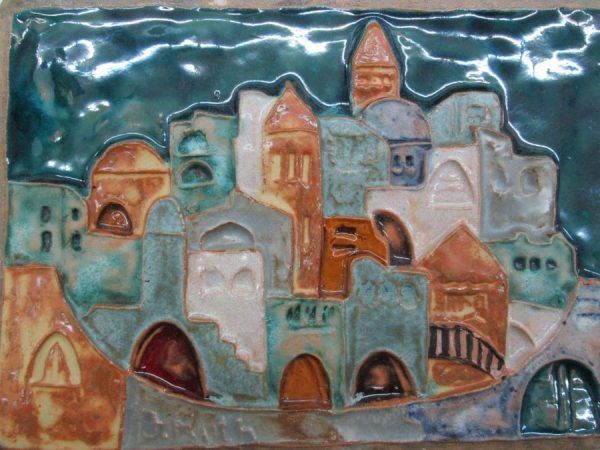 Handmade glazed ceramic rectangular Jerusalem old city tile with its different types of structures .Dimension 14.5 cm X 20 cm approximately.