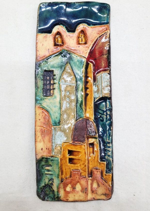 Handmade glazed ceramic rectangular Jerusalem old city tile with its different types of structures. Dimension 8.5 cm X 21 cm approximately.