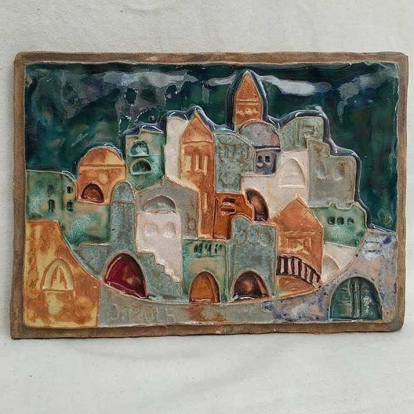 Handmade glazed ceramic rectangular Jerusalem old city tile with its different types of structures .Dimension 14.5 cm X 20 cm approximately.