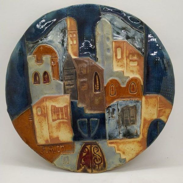 Handmade glazed ceramic Jerusalem view round tile Factor Ruth  Jerusalem different buildings. Dimension diameter 22.5 cm approximately.