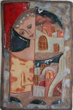 Handmade glazed ceramic rectangular tile, King David watching Jerusalem tile his eternal capital city. Dimension 16 cm X 24.8 cm.