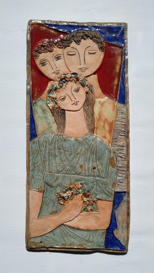 Handmade glazed ceramic Ruth David Beloveds Tile King David joining with Bathsheba and his best friend Jonathan 19 cm X 44 cm.