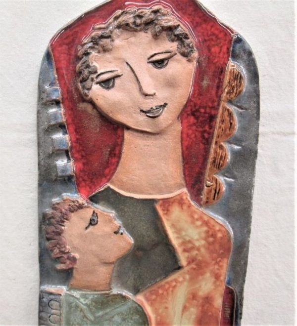 Handmade glazed ceramic tile Ruth Tile Jacob's Dream with the angels going up and getting down. Dimension 17.5 cm X 26.5 cm approximately.