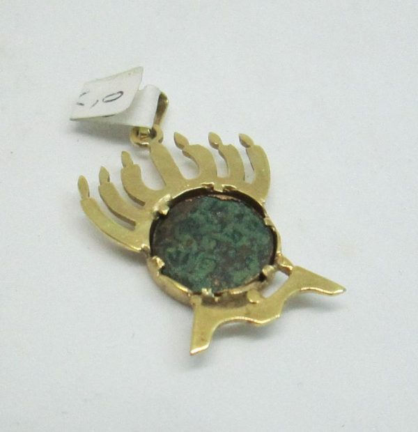 Handmade 14 carat gold pendant antique coin Hashmonay set in a Menorah shape an ancient Hashmonay genuine coin King Janus.