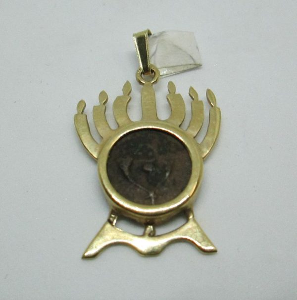Handmade 14 carat gold pendant antique coin Hashmonay set in a Menorah shape an ancient Hashmonay genuine coin King Janus.