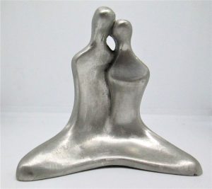 Pewter Sculpture Yoga Couple handmade with real pewter modern sculpture by D.Jaron. A couple practicing Yoga together happily.