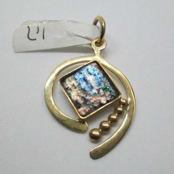 14 Carat Gold Pendant Roman glass Abstract Square. 14 carat gold abstract pendant  handmade set with square ancient Roman glass.