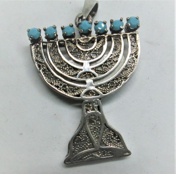 Handmade sterling silver pendant Yemenite filigree Menorah set with Turquoises . Dimension 3.1 cm X 3.7 cm X 0.25 approximately.