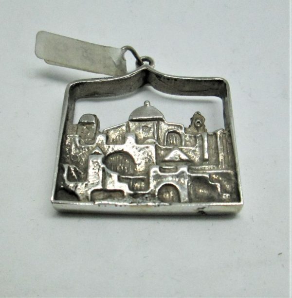 Handmade sterling silver pendant Jerusalem Panorama double sides, heavy massive silver. Dimension 2.9 cm X 2.9 cm X 0.45 approximately.