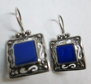 Sterling silver Lapis Lazuli earrings set with blue agate has a typical modern Israeli style effect. Dimension 1.7 cm X 1.9 cm approximately.