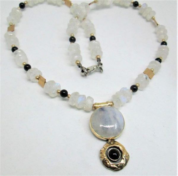 Handmade sterling silver & 14 carat gold choker contemporary design set with white Labradorite Onyx beads Necklace beads .