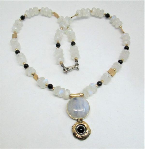 Handmade sterling silver & 14 carat gold choker contemporary design set with white Labradorite Onyx beads Necklace beads .
