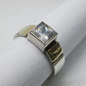 Handmade sterling silver white Zircon ring & 14 carat gold contemporary style ring set with white cubic Zircon stone ring size 62.