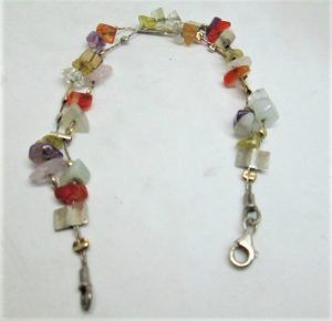 Sterling silver bracelet multi color stones, with semi precious stones agates, amethyst, Rose quartz and silver & gold beads.
