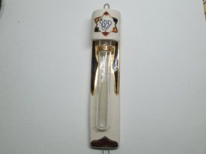 Handmade glazed ceramic Mezuzah by Grebler is suitable for parchment up to 8.5 cm length. Dimension 2 cm X 2.8 cm X 13 cm approximately.
