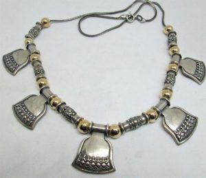 Handmade sterling silver & 14 carat Gold Beads Silver Necklace with Yemenite filigree . Handmade by Noyli. Center piece 1.8 cm X 2 cm, length 42 cm .