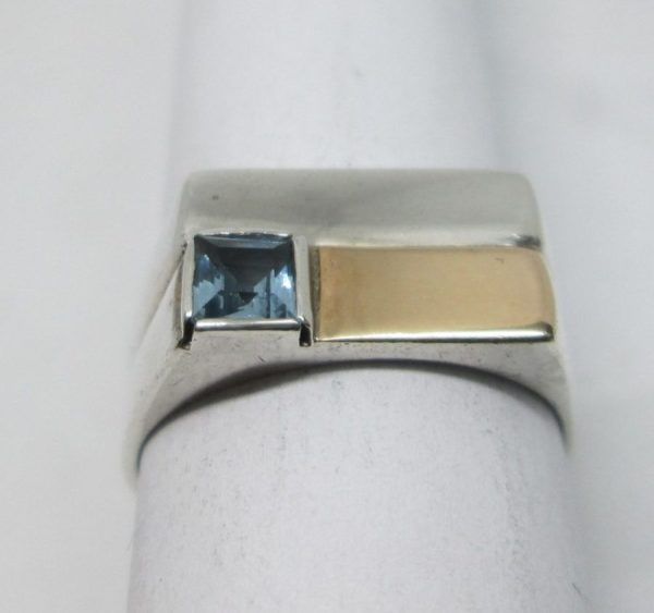 Handmade sterling silver & 14 carat gold contemporary style blue Topaz gold ring set with blue Topaz stone ring size 59.
