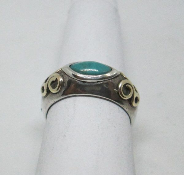 Handmade sterling silver & 14 carat gold contemporary style silver gold Turquoise ring set with Turquoise stone ring size 60.