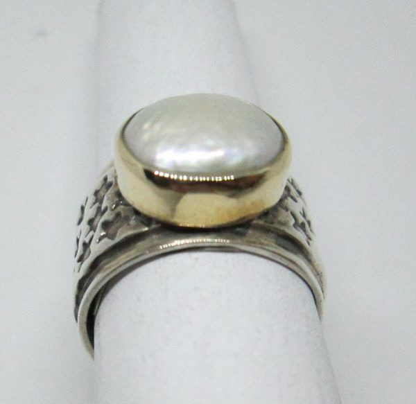 Handmade sterling silver gold Pearl ring 14 carat gold contemporary style ring set with genuine Moby Pearl.