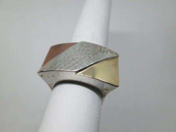 Handmade sterling silver & 14 carat gold rose yellow gold ring contemporary style ring. Dimension 1.4 cm X 2.7 cm ring size 59.