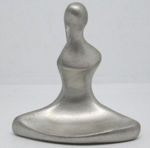 Pewter Sculpture Yoga Lady handmade with real pewter modern sculpture by D.Jaron. A woman practicing Yoga. Dimension 8.2 cm X 3 cm X 7.5 cm approximately.