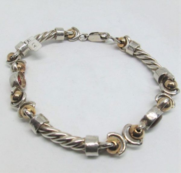 Handmade sterling silver & 14 carat gold bracelet silver gold Agate contemporary style set with agate stones.