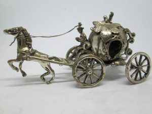 Handmade sterling silver Cinderella's Pumpkin Carriage Miniature sculpture of horse pulling pumpkin carriage (Cinderella style).