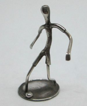 Handmade sterling silver miniature sculpture soccer player. Dimension diameter 2.3 cm X 4.5 cm approximately.