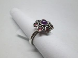 Handmade sterling silver contemporary style eight Amethyst stones ring set with 8 cabochon Amethyst stones diameter 1.6 cm ring size 54.