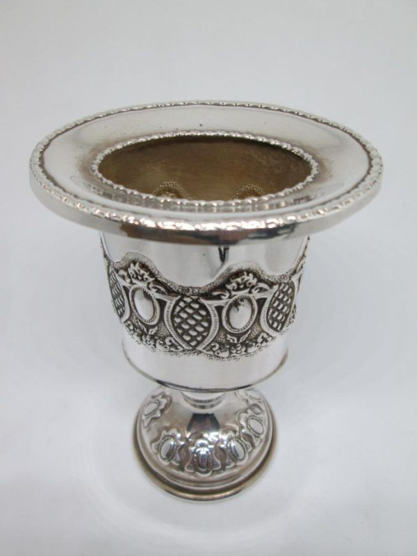Handmade sterling silver Havdalah candle holder pressed designs around candle holder.  Dimension 7.1 cm X 5.5 cm X 10.5 cm approximately.