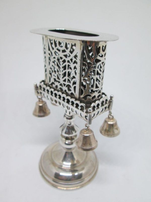 Handmade sterling silver cutout Havdalah candle holder with cut out Menorah design & with silver gold plated bells 6.1 cm X 3.8 cm X 11.8 cm.