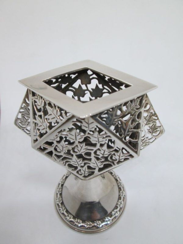Handmade sterling silver Havdalah candle holder leaf with cut out all around candle holder. Dimension 8.7 cm X 4.7 cm X 12 cm approximately.