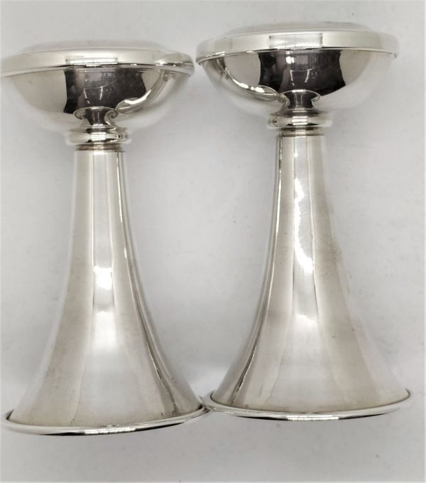 Sterling silver Sabbath candle holders handmade made by Bier for round flat Shabbat candles. Dimension Diameter 6.75 cm X 11.5 cm.