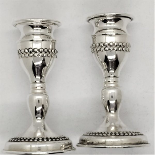 Sterling silver pearls Shabbat candle holders handmade with two rows of of sterling silver pearl dots around top and base of candle holders.
