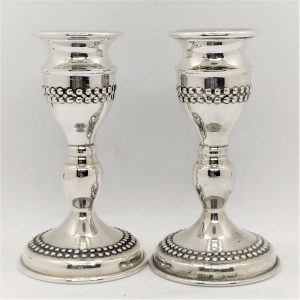 Sterling silver pearls Shabbat candle holders handmade with two rows of of sterling silver pearl dots around top and base of candle holders.