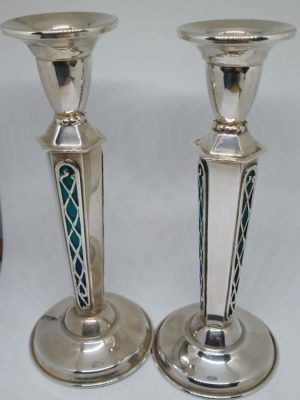 Handmade Shabbat candle holders enameled blue sterling silver handmade . Dimension 7.2 cm X 7.2 cm X 15.5 cm approximately.