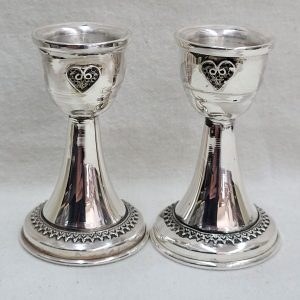 Handmade BathMitzvah Shabbat candle holders sterling silver with Yemenite filigree small heart handmade. Dimension  diameter 4.2 cm X 7.2 cm approximately.