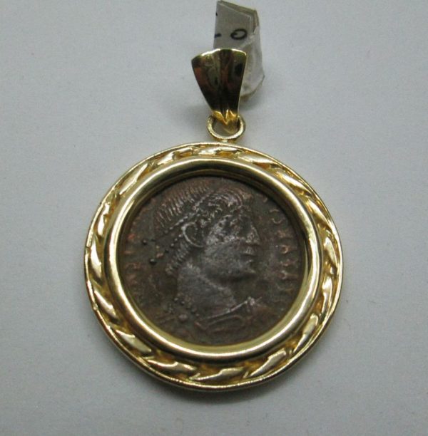 14 Carat gold pendant set Roman coin set with ancient genuine bronze Roman coin 4th century AD and ornate gold frame found in Israel.
