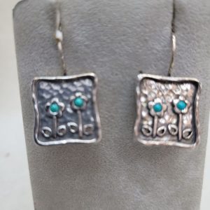Handmade sterling silver earrings four Turquoises flowers stones set with four Turquoises stones shaped as growing flowers contemporary style.