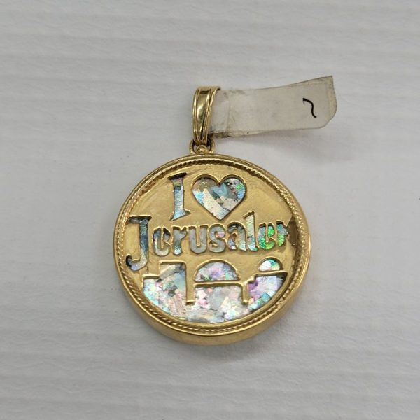 14 Carat Gold Pendant Roman Jerusalem. 14 carat gold pendant  handmade Jerusalem design with heart shape set with ancient Roman glass.