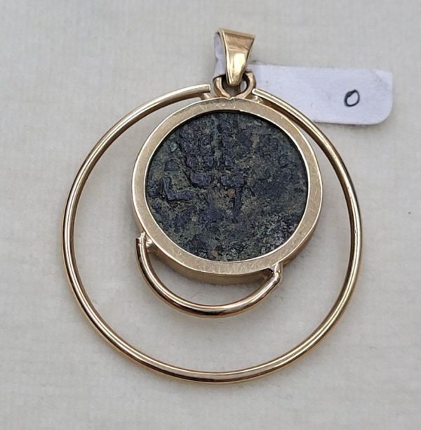 Handmade Widow's mite coin pendant set with ancient genuine coin King Agrippa 1 dated 37-44 AD. On one side are 3 wheat leaf, and other side a canopy.
