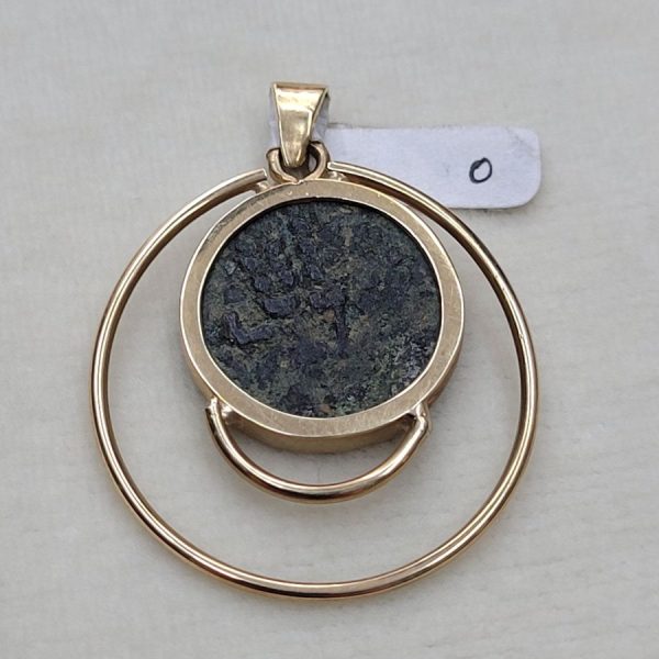 Handmade Widow's mite coin pendant set with ancient genuine coin King Agrippa 1 dated 37-44 AD. On one side are 3 wheat leaf, and other side a canopy.