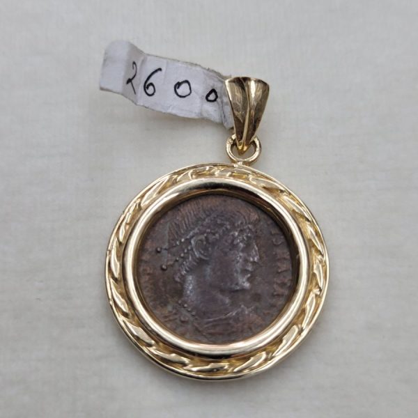 14 Carat gold pendant set Roman coin set with ancient genuine bronze Roman coin 4th century AD and ornate gold frame found in Israel.