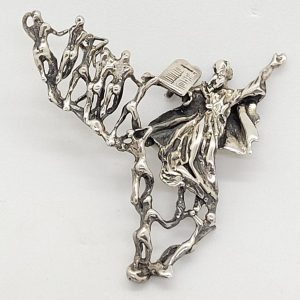 Handmade sterling silver pendant Moses descending mount Sinai with the 10 Commandments & people of Israel running towards him.